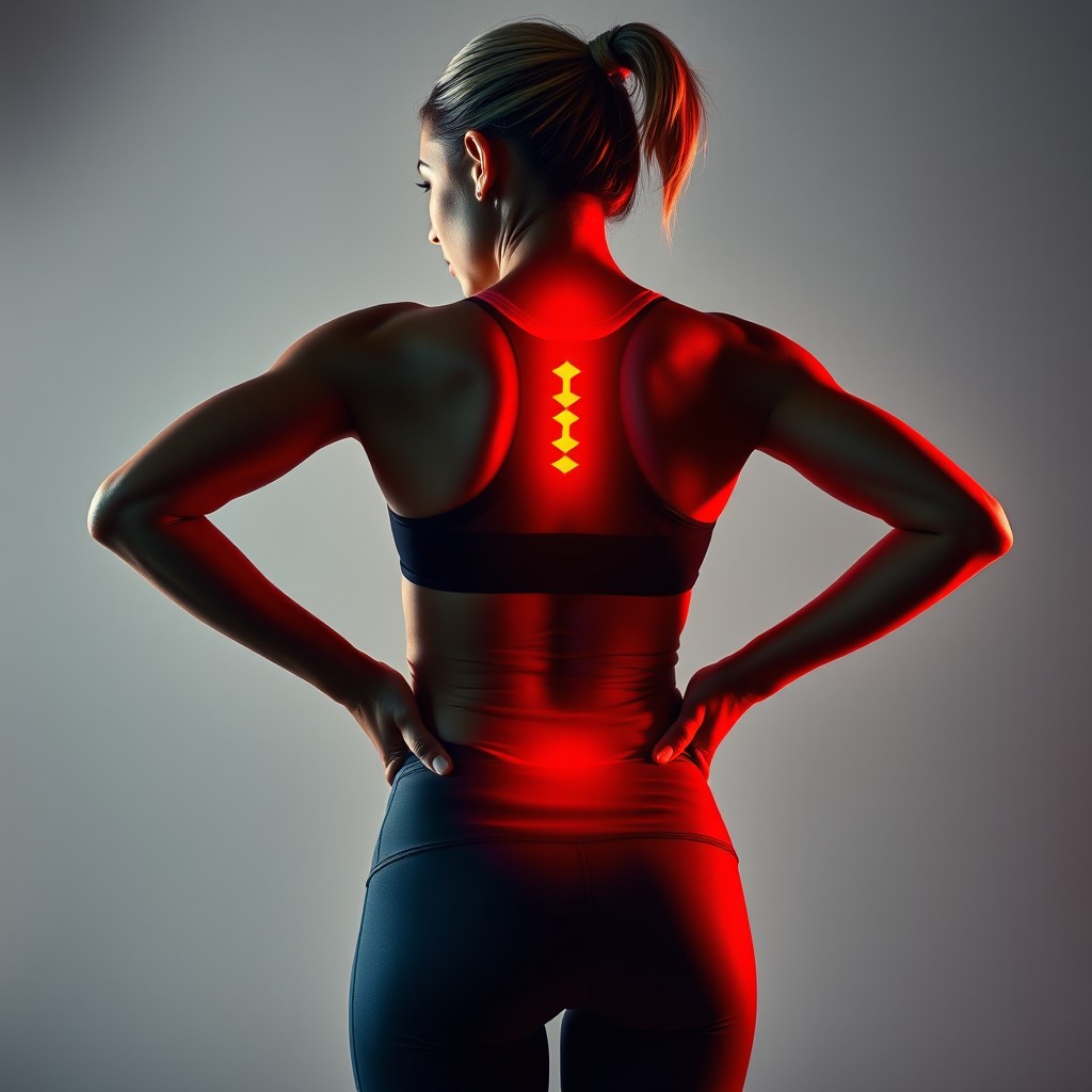 A woman standing with her back, conveying a sense of discomfort and pain, with a red glowing light emanating from her back to accentuate her struggle, showcasing her determined expression