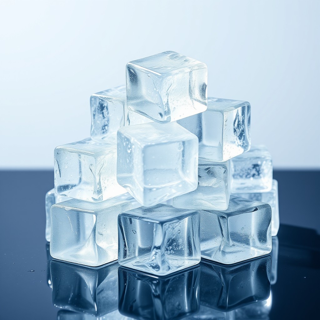 A visually striking image of translucent cold ice cubes piled together, glistening with condensation to emphasize their chilling effect