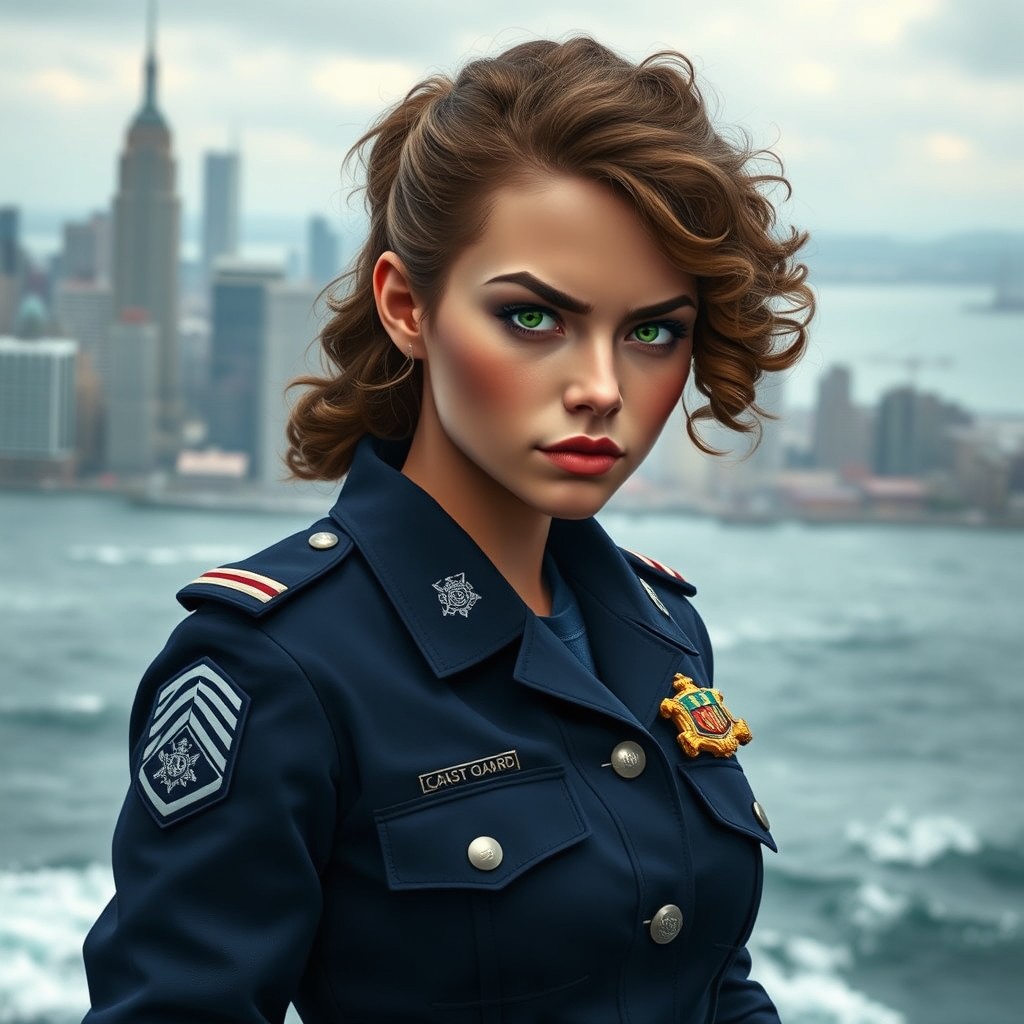 A determined halfling lady standing confidently as the tactical leader of the coast guard, wearing a navy blue coast guard uniform adorned with medals and insignia