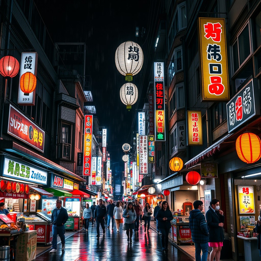 A vibrant Japanese street scene at night, filled with illuminated signs from local businesses