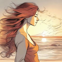 Craft a detailed drawing of a side-profile woman on a beach at sunset. Her hair is dramatically portrayed as flames, being swept up by the wind.