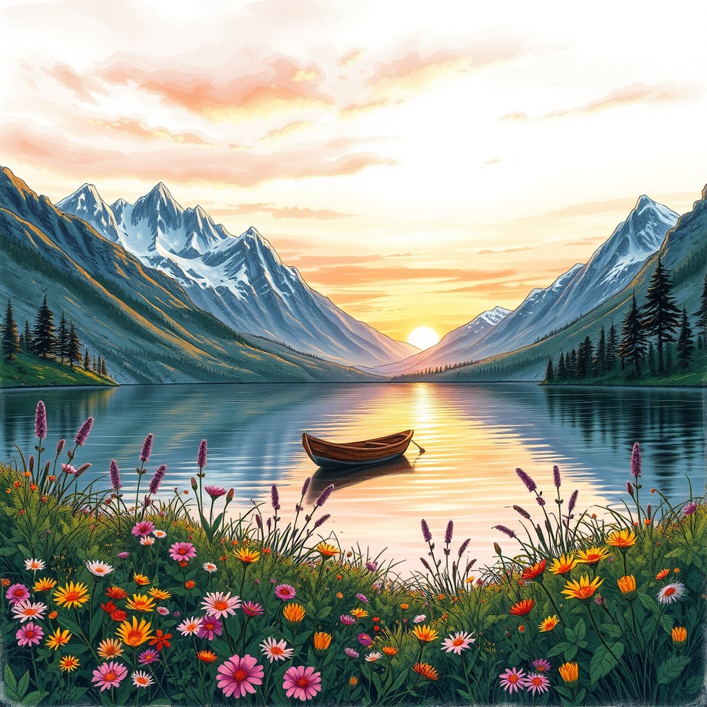 A detailed sketch of a serene landscape featuring a tranquil lake surrounded by majestic mountains