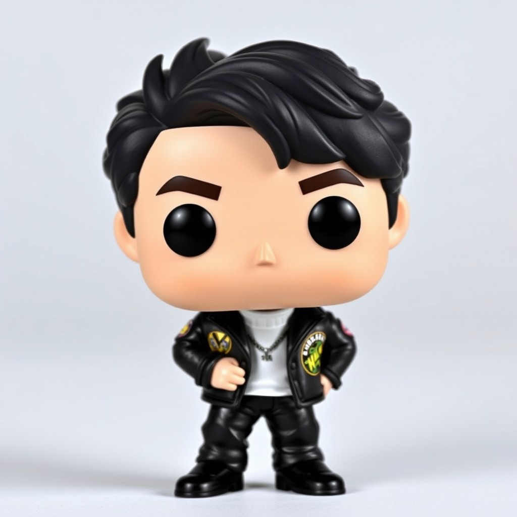 A Funko Pop! vinyl figure inspired by Stray Kids member Hyunjin, featuring his distinctive hairstyle and fashion sense, wearing a stylish outfit that reflects his unique style: a chic black jacket with patches, a white turtleneck underneath, and black jeans