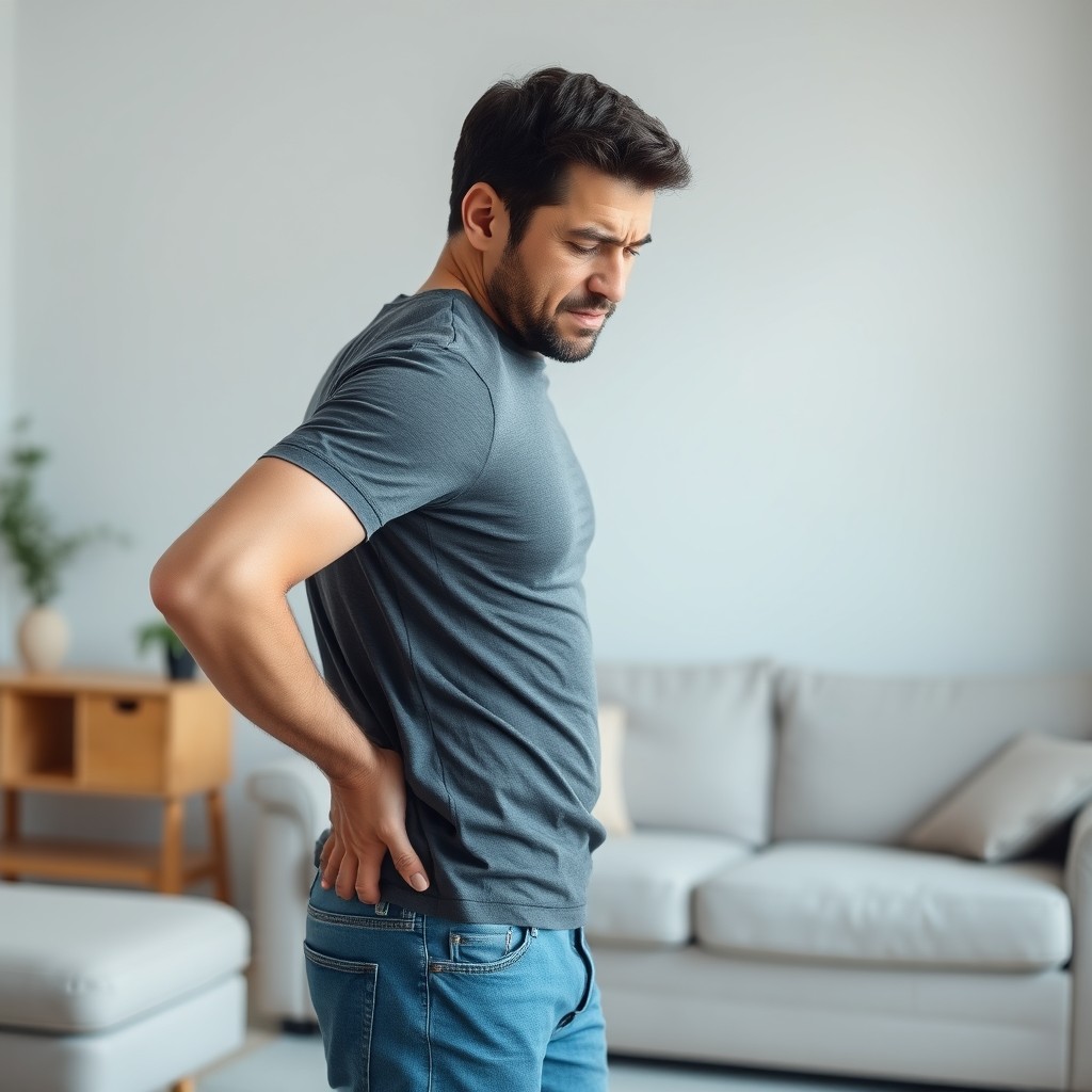 A male figure standing in a relaxed position, visibly wincing in discomfort due to back pain