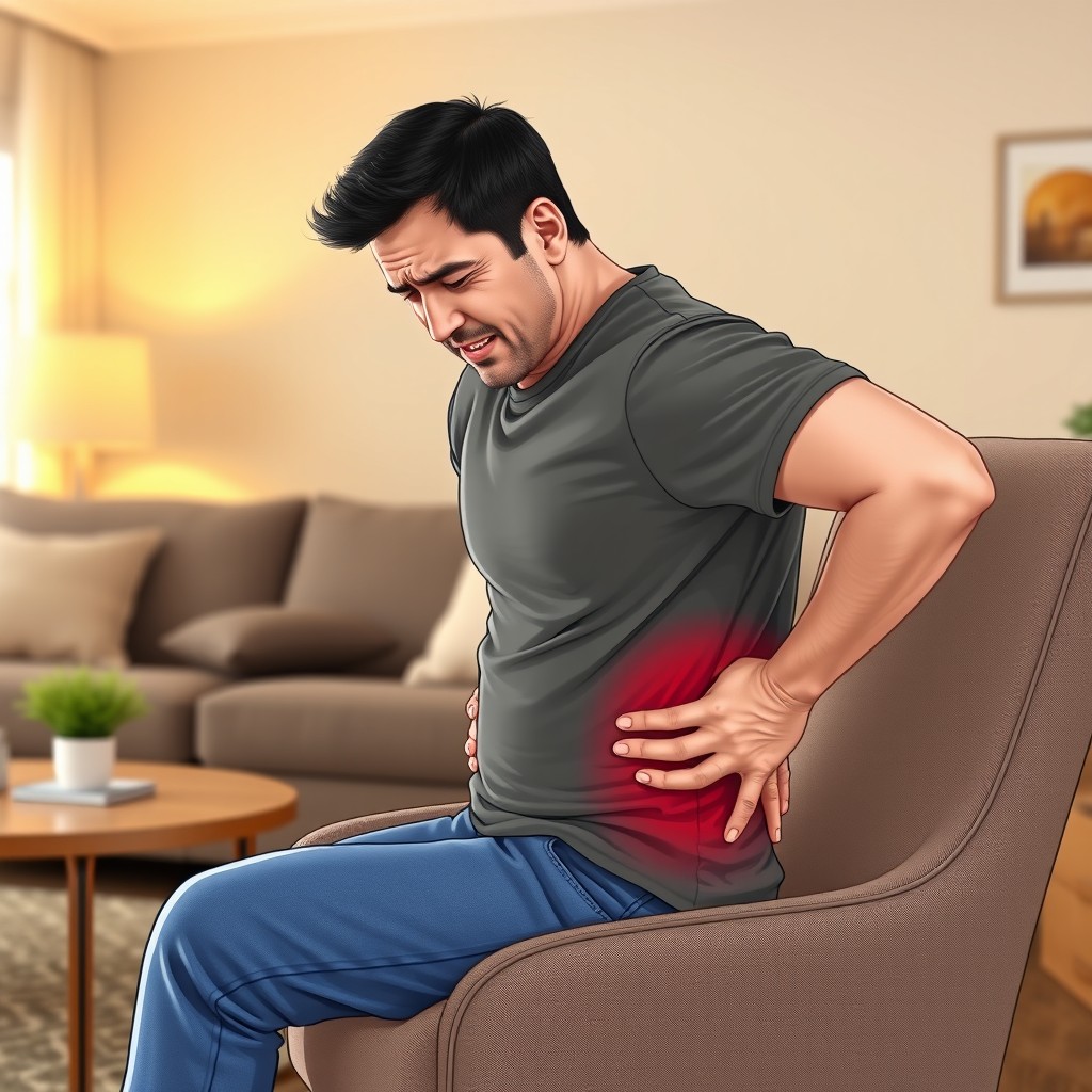 A male character experiencing back pain, depicted in a realistic style