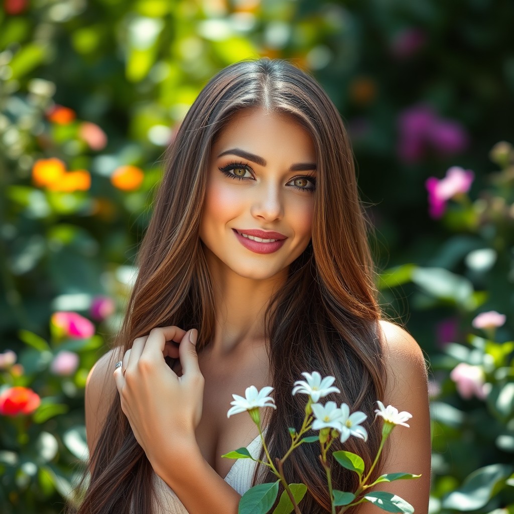A stunning portrait of a confident and attractive woman with long flowing hair, captured in a serene setting surrounded by lush greenery