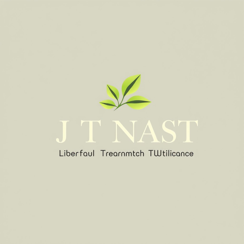 A professional logo design for 'J T NAST Herbal Treatment and Distribution Company', featuring a stylized herbal leaf motif intertwined with the company name in elegant typography