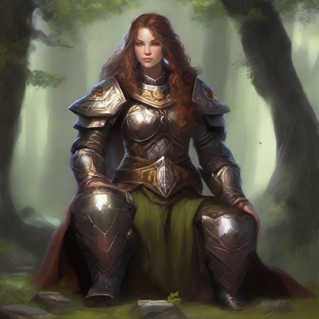 A dwarven female kineticist, ensconced in her heavy armor, finds tranquility in meditation. She's shrouded in a radiant aura of nature's energy that gracefully floats and pulsates around her.