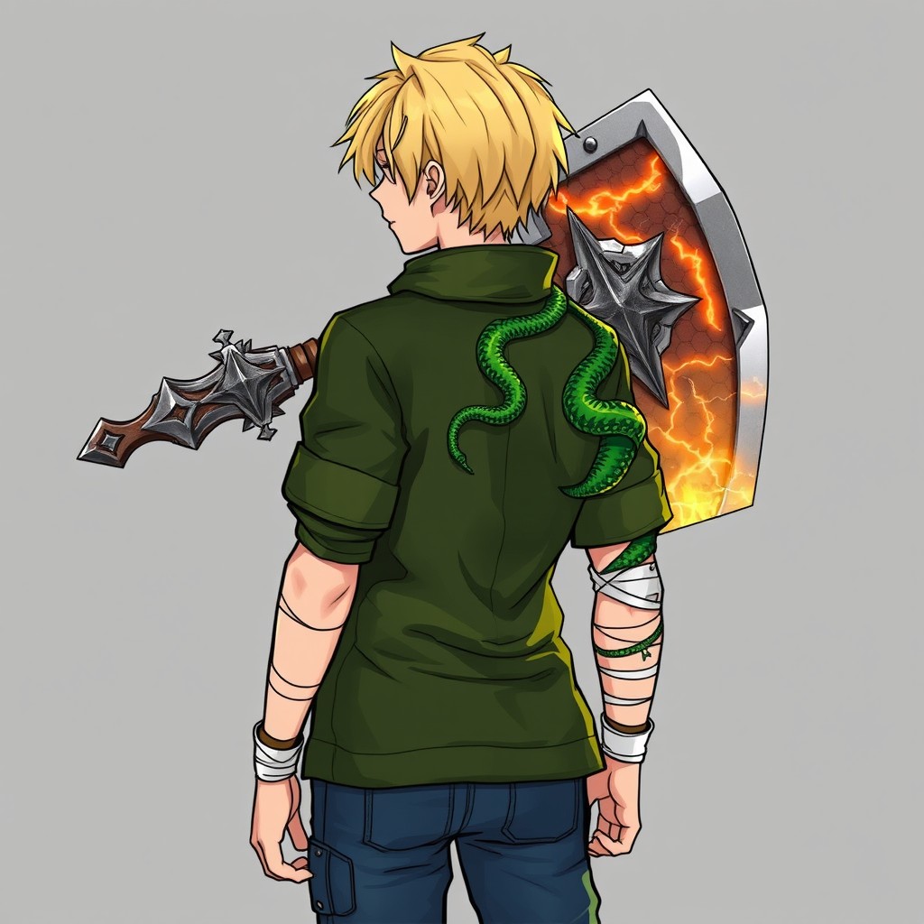 A humanoid character in RPG style with short light yellow hair, wearing a green jacket with elbow-length sleeves and blue jeans
