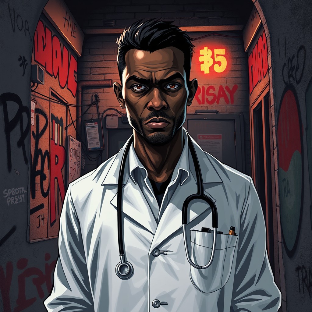 A dramatic illustration featuring a front and profile view of a black illegal doctor entering a drug cartel meeting