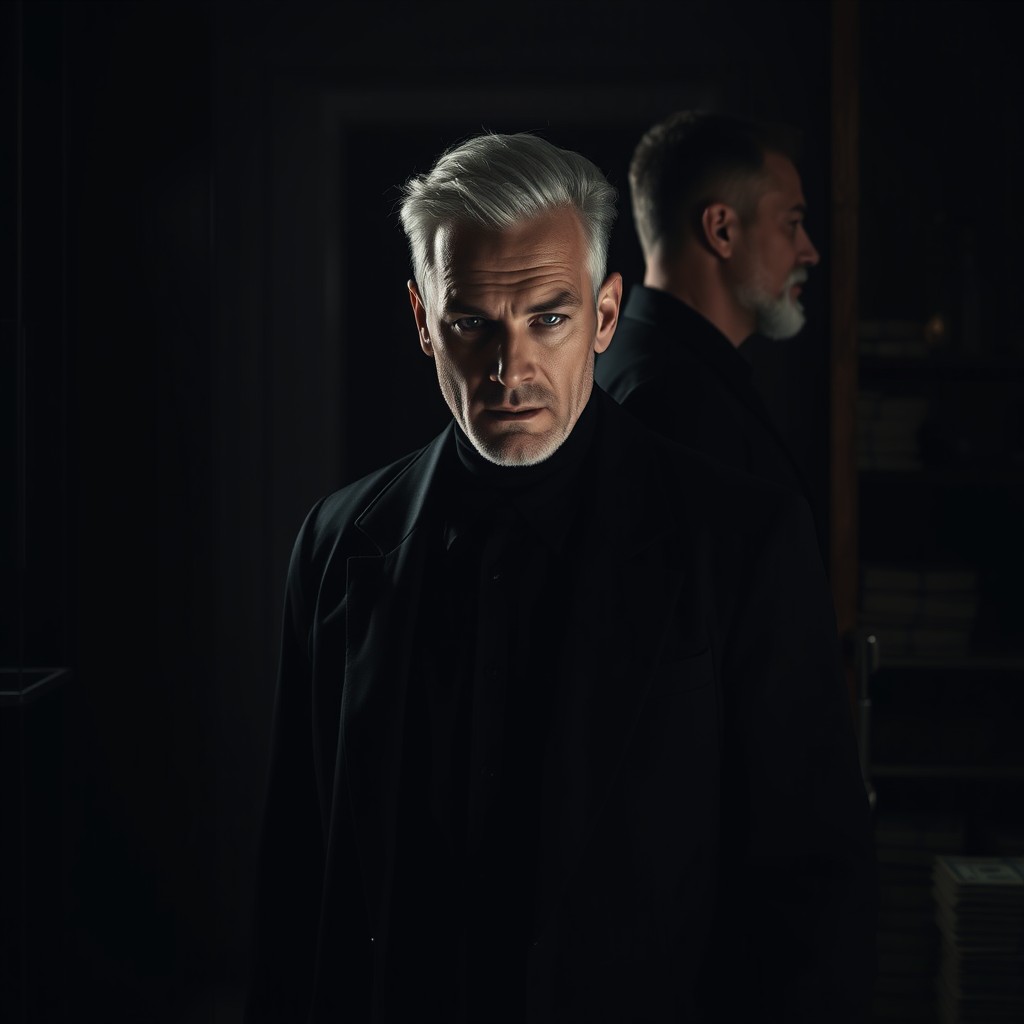 A dramatic scene depicting an illegal doctor, a white male dressed in all black, entering a drug cartel hideout