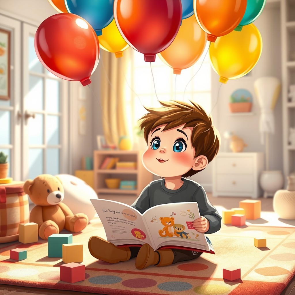 A heartwarming illustration depicting a young boy named Leo, around five years old, sitting on a colorful rug in a cozy, sunlit playroom