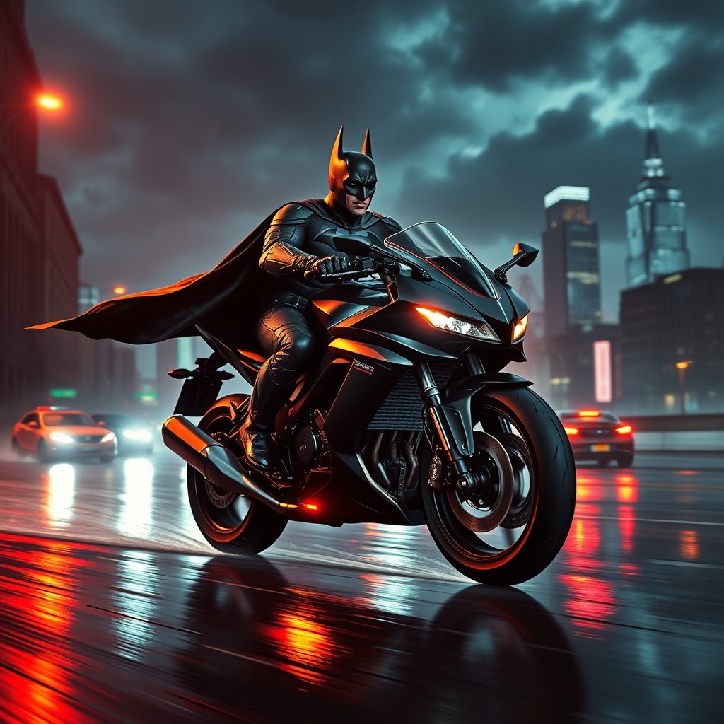 Batman on a Futuristic Motorcycle in Rainy Gotham - AI Generated Art