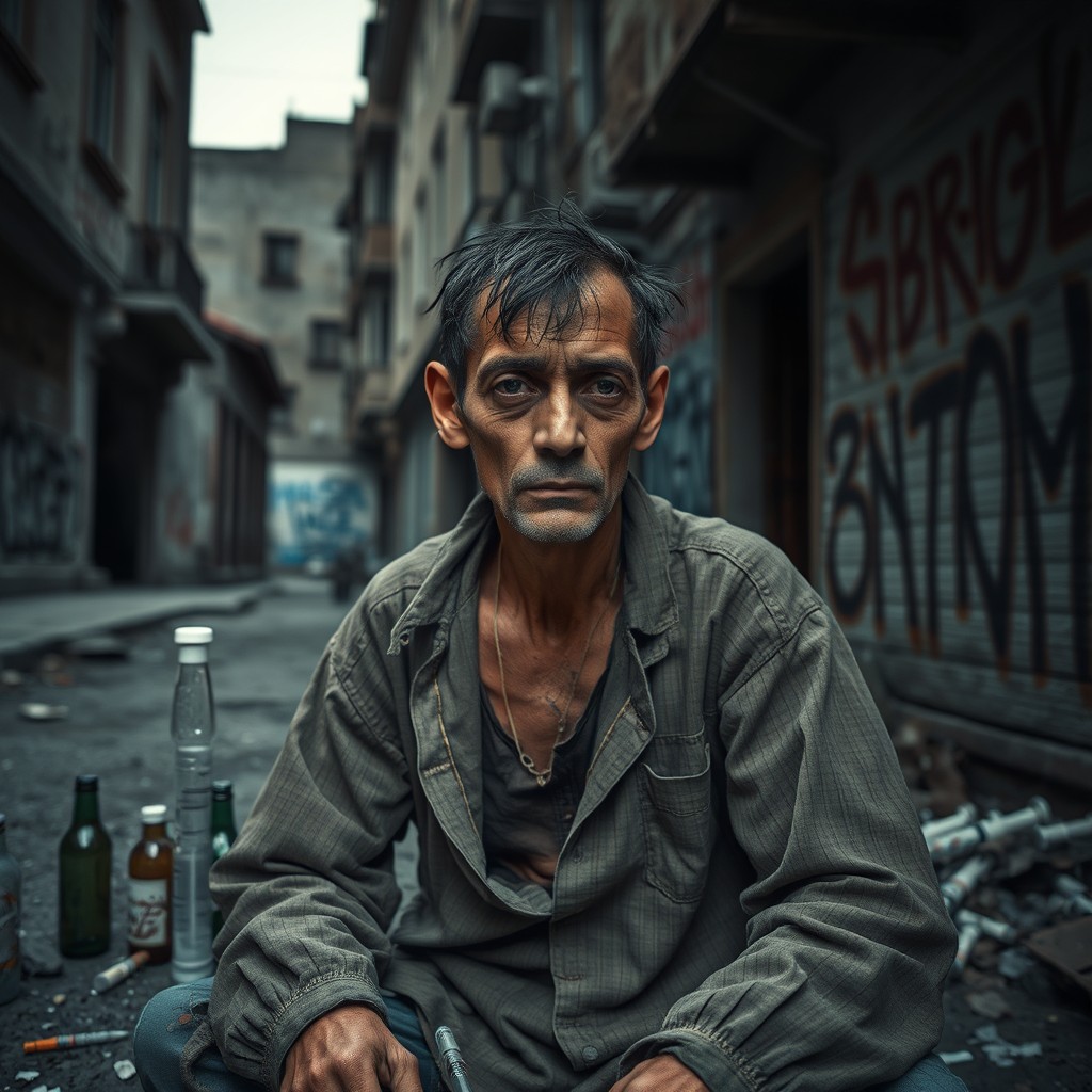 A desolate street scene with a Georgian opium addict under the influence of fentanyl