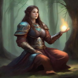 A dwarven female kineticist, ensconced in her heavy armor, finds tranquility in meditation. She's shrouded in a radiant aura of nature's energy that gracefully floats and pulsates around her.