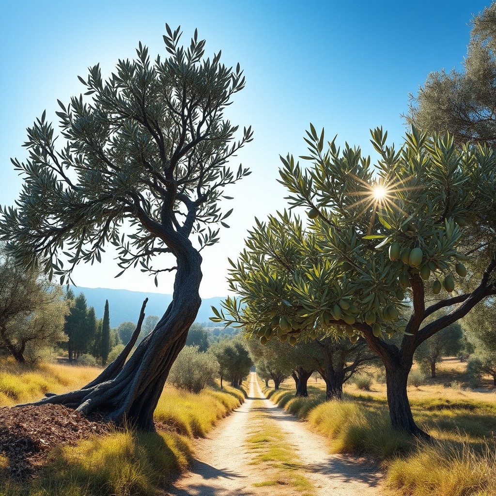 A symbolic representation of authenticity and self-discovery, featuring a wild olive tree contrasting with a cultivated olive tree, set against a serene natural landscape