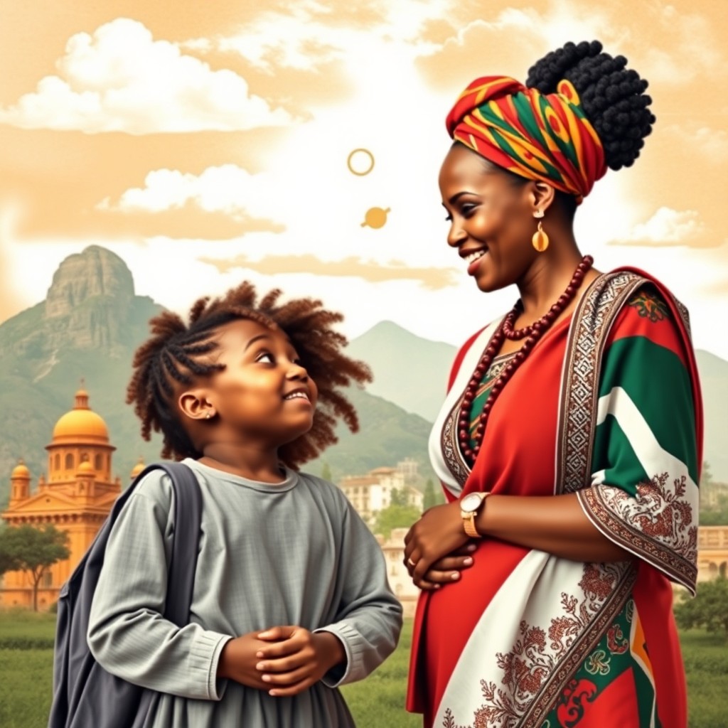 A thought-provoking image that represents the concept of feminism in the context of South African culture, showcasing a diverse South African mother and her daughter engaged in a lively discussion about empowerment and equality