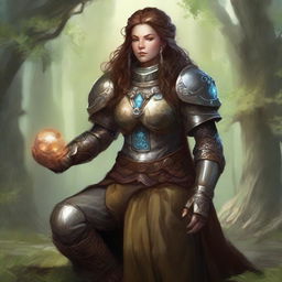 A dwarven female kineticist, ensconced in her heavy armor, finds tranquility in meditation. She's shrouded in a radiant aura of nature's energy that gracefully floats and pulsates around her.