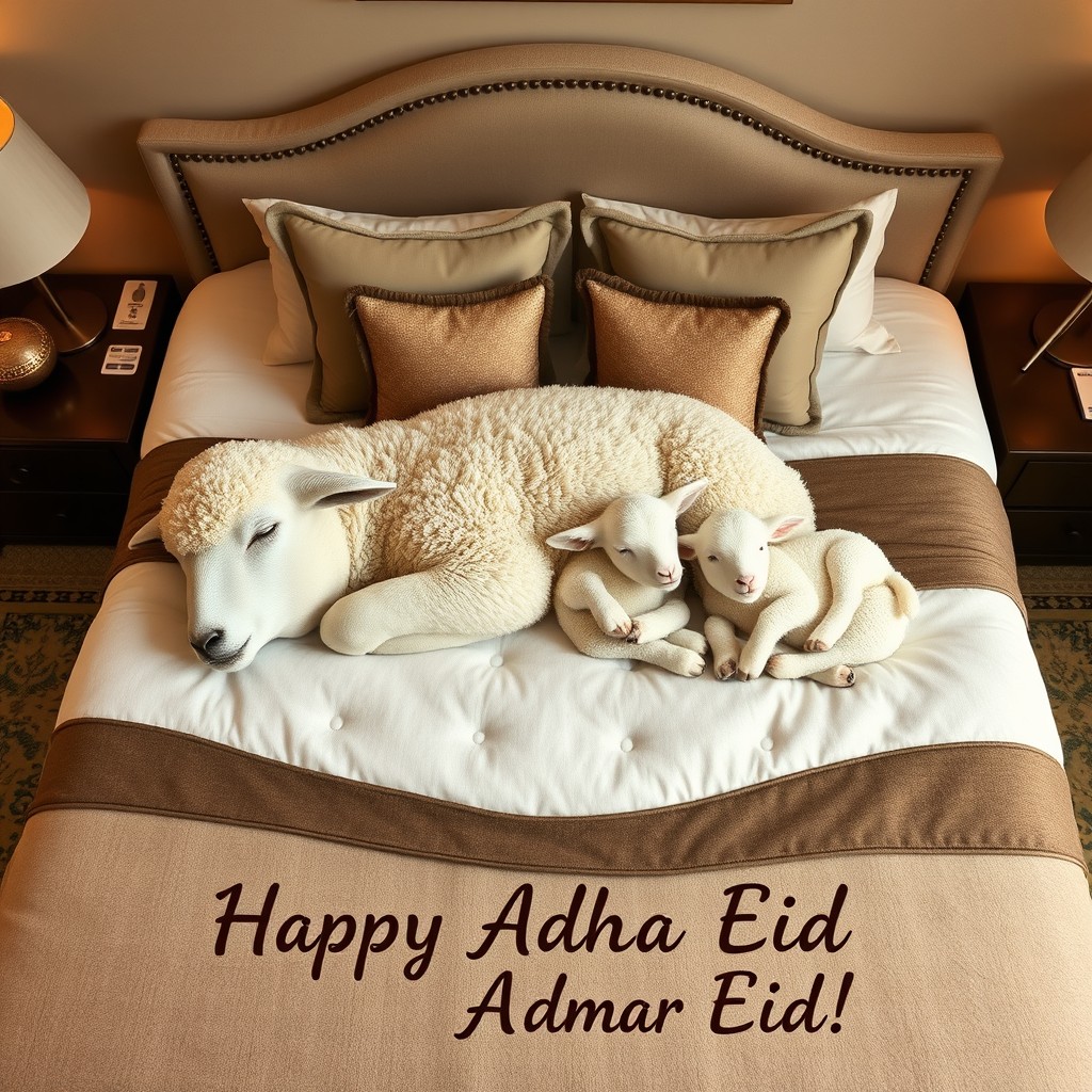 A realistic scene of a sheep and its two little lambs peacefully sleeping on a cozy bed in a well-decorated bedroom