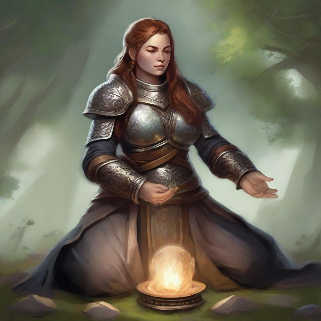 A dwarven female kineticist, ensconced in her heavy armor, finds tranquility in meditation. She's shrouded in a radiant aura of nature's energy that gracefully floats and pulsates around her.