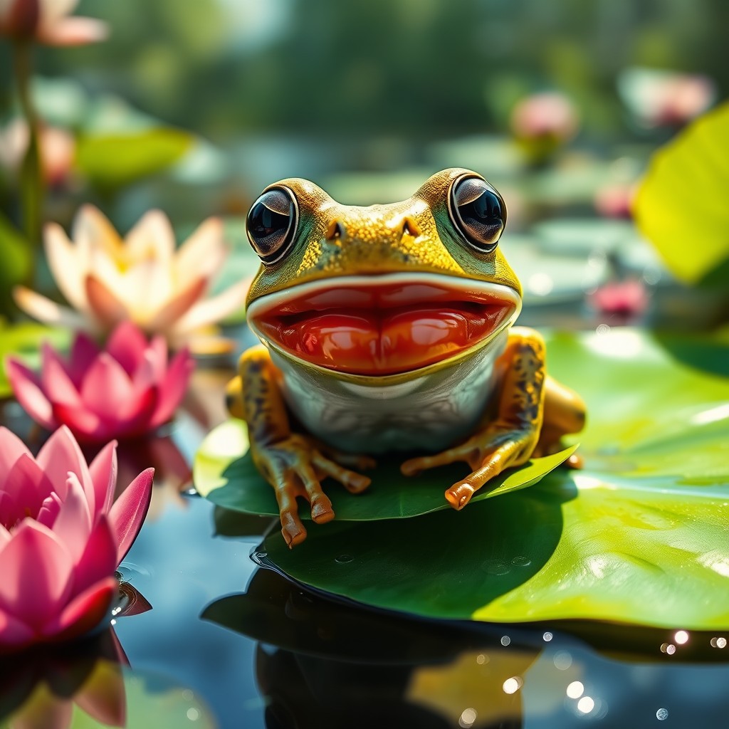 A whimsical and surreal image of a frog with a human mouth, featuring glossy, plump lips that embody the look of hyaluronic acid enhancement