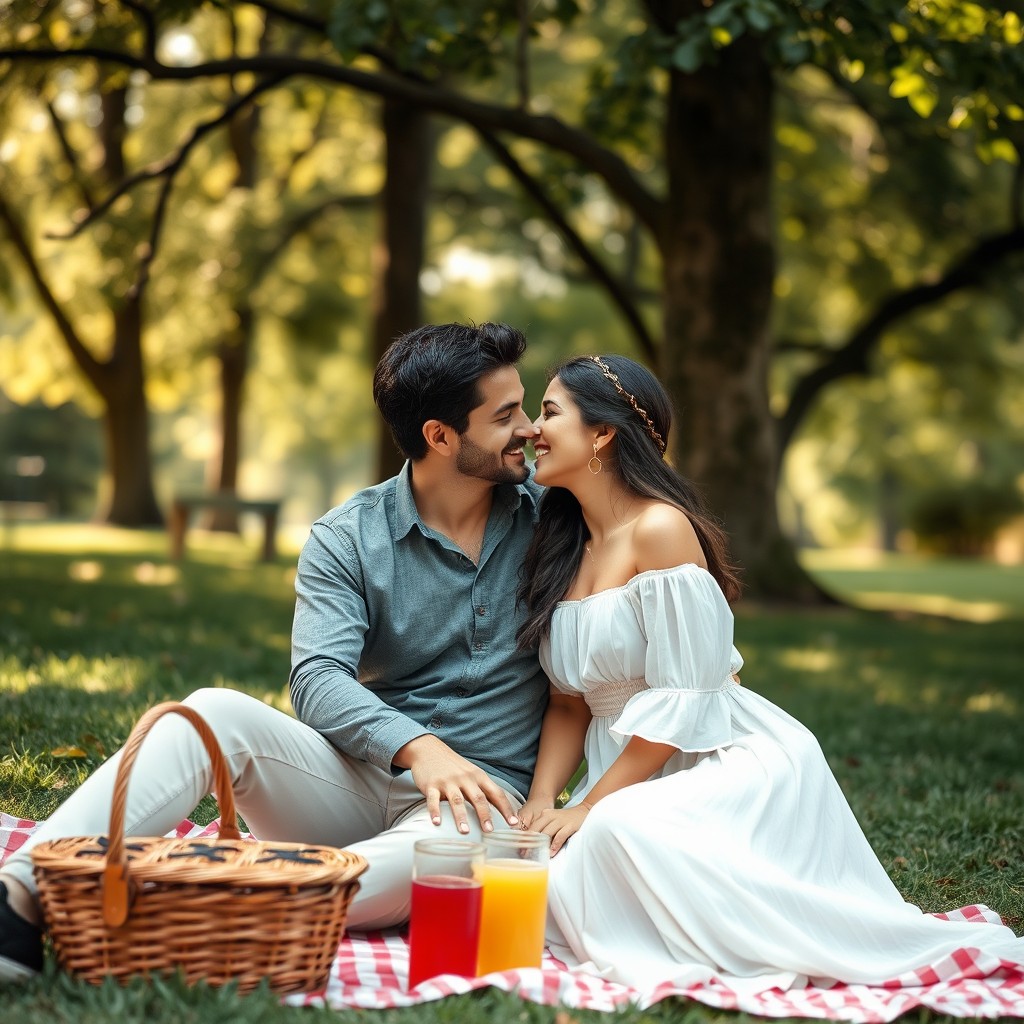 A romantic couple sitting closely together side by side, smiling and gazing affectionately at each other, surrounded by a serene nature setting with trees and soft sunlight filtering through the leaves