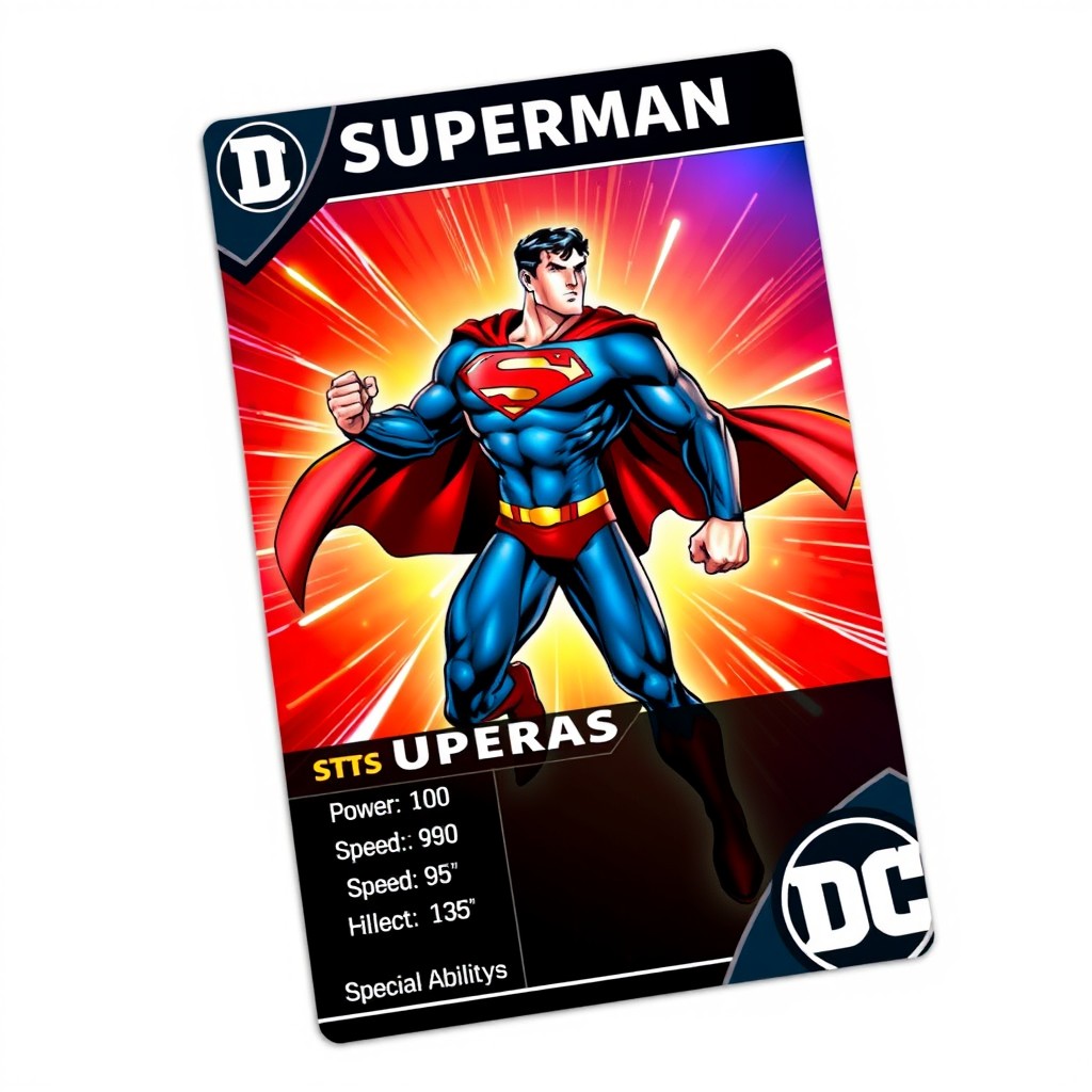 A superhero trading card for 'Superman' featuring a modern comic style