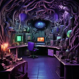 A monstrous lair representing the abode of an unrelentingly enraged evil genius. The chilling blues, haunting greens, ominous purples mirror the owner's extreme evil and burning rage, with intricate devices showcasing his towering intellect strewn about.