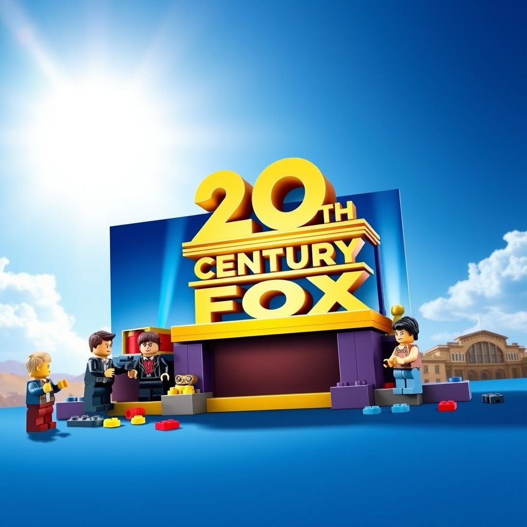 A creative and colorful representation of a LEGO set inspired by the 20th Century Fox logo, featuring whimsical LEGO bricks forming the iconic searchlight and text elements in a vibrant, playful style