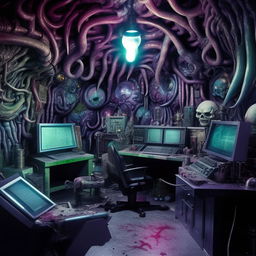 A monstrous lair representing the abode of an unrelentingly enraged evil genius. The chilling blues, haunting greens, ominous purples mirror the owner's extreme evil and burning rage, with intricate devices showcasing his towering intellect strewn about.