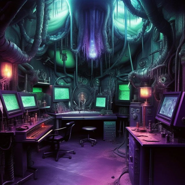 A monstrous lair representing the abode of an unrelentingly enraged evil genius. The chilling blues, haunting greens, ominous purples mirror the owner's extreme evil and burning rage, with intricate devices showcasing his towering intellect strewn about.