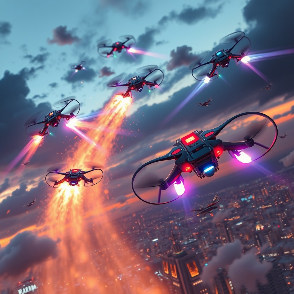 A dynamic scene of futuristic drone combat in a dramatic sky, showcasing sleek, advanced drones with vibrant LED lights and intricate designs