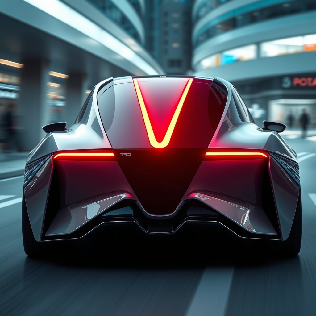 A futuristic car design featuring an elongated V-shaped trunk, with a striking red brake light seamlessly integrated into the V shape
