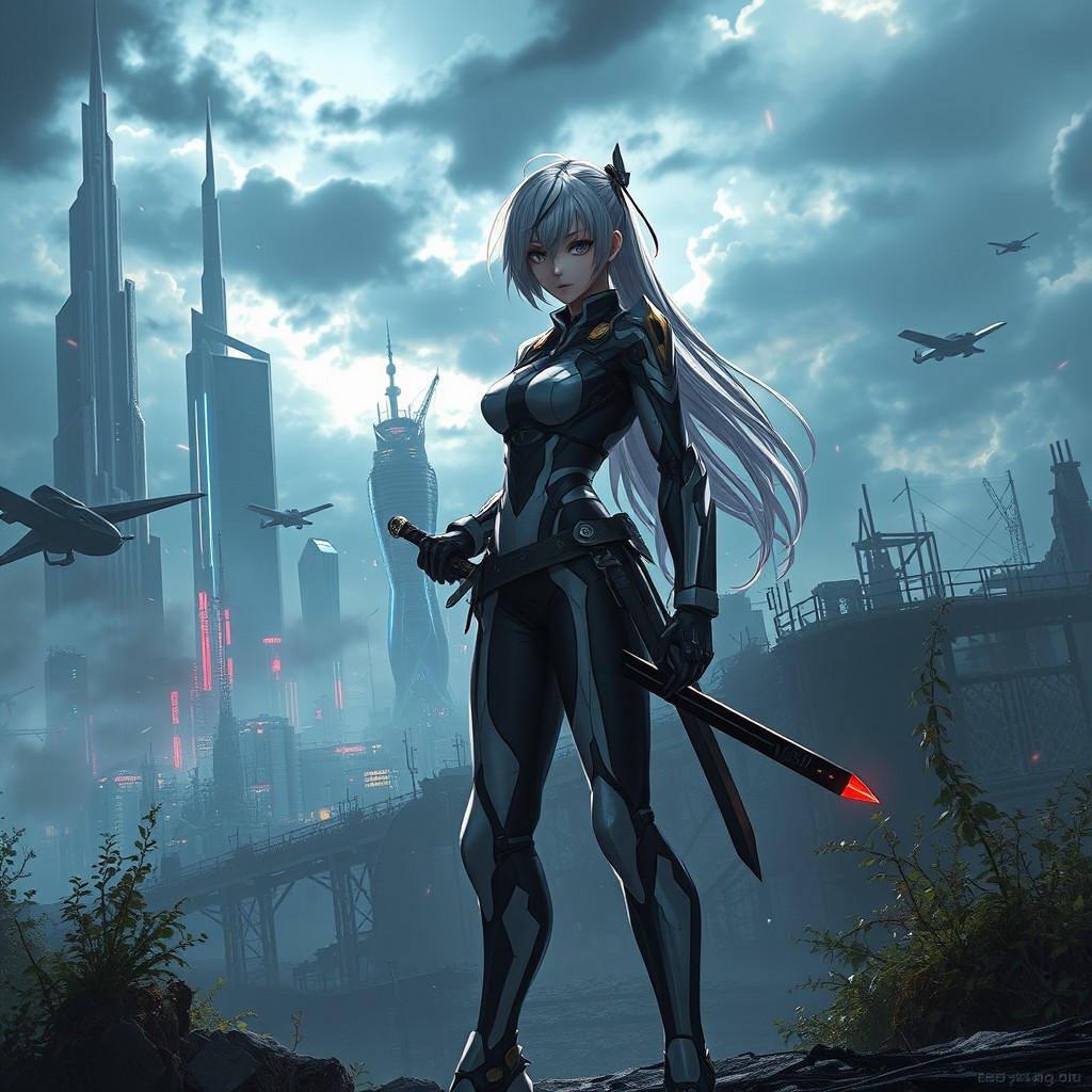 A stunning digital artwork inspired by Nier Automata, featuring a futuristic cityscape with towering skyscrapers and a desolate, post-apocalyptic environment