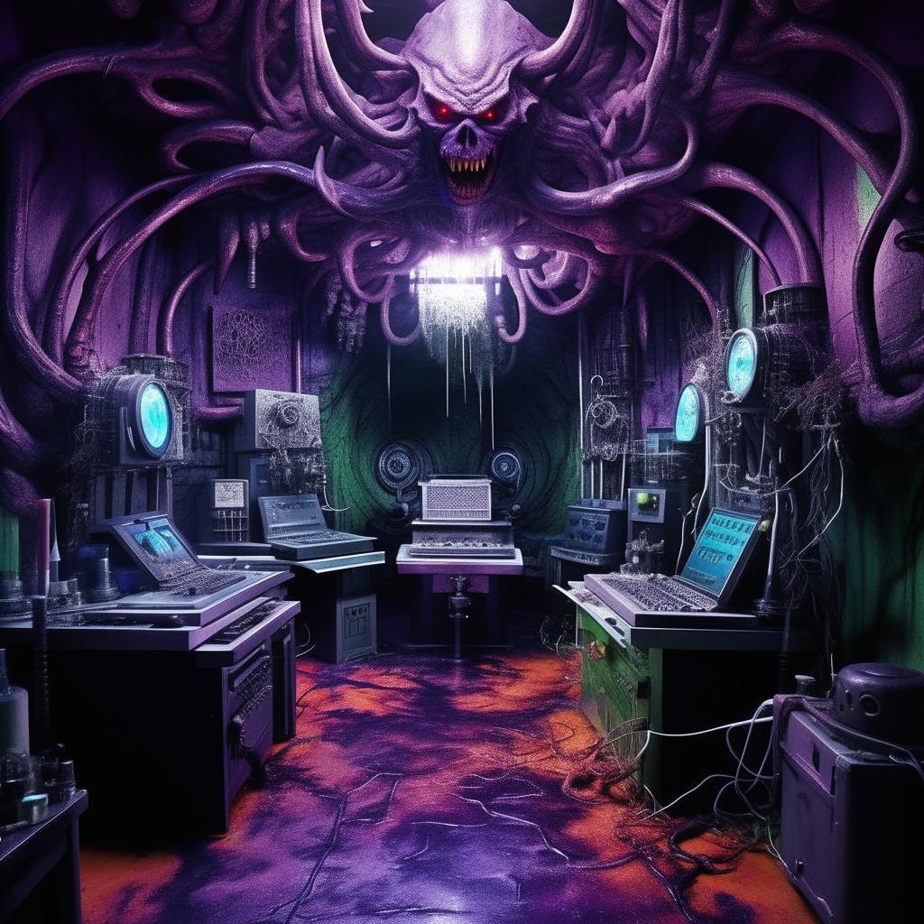 A monstrous lair representing the abode of an unrelentingly enraged evil genius. The chilling blues, haunting greens, ominous purples mirror the owner's extreme evil and burning rage, with intricate devices showcasing his towering intellect strewn about.