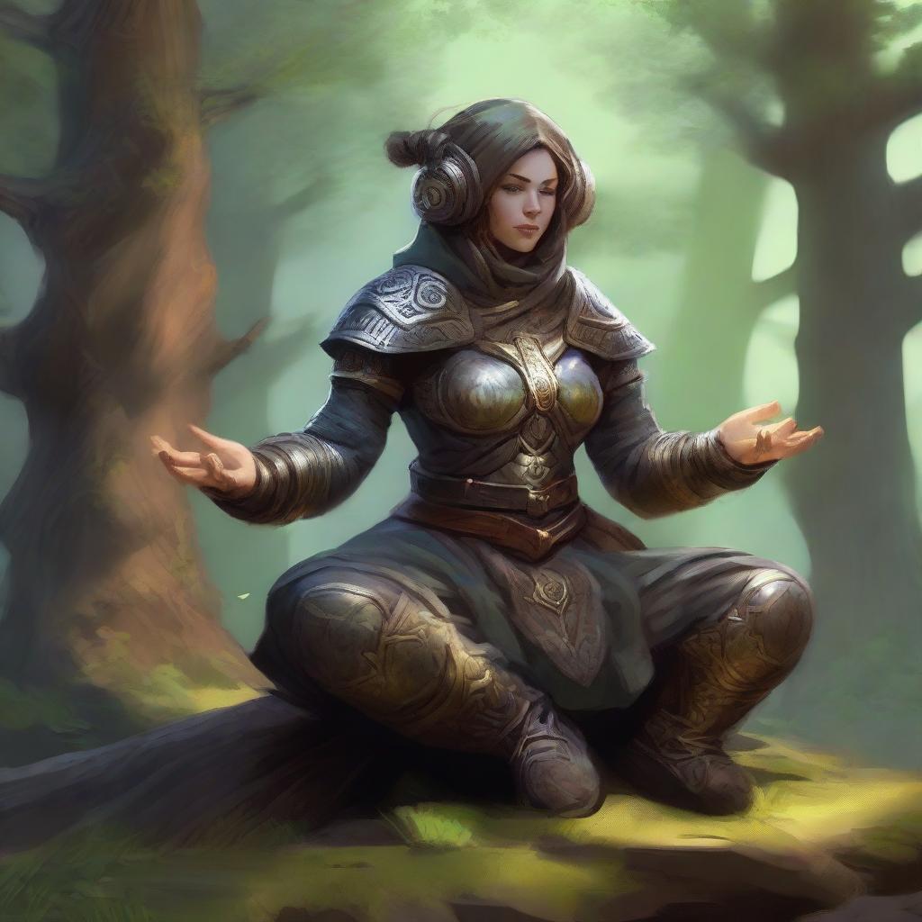 A dwarven female kineticist, armored in heavy protective gear, meditates peacefully. Around her, the potent energy of nature emanates lustrously, levitating and spinning in a mesmerizing dance.