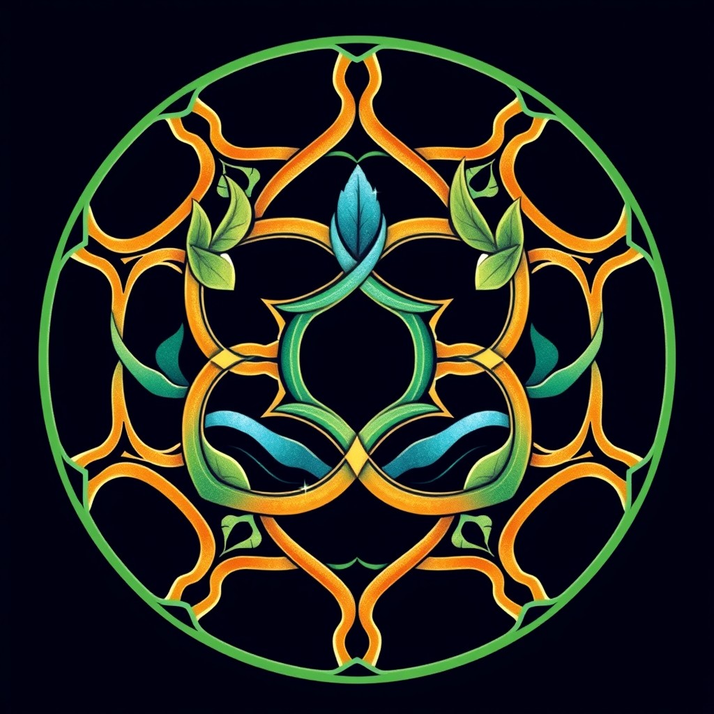 An intricate ideogram representing harmony and balance, composed of interwoven geometric shapes and flowing lines