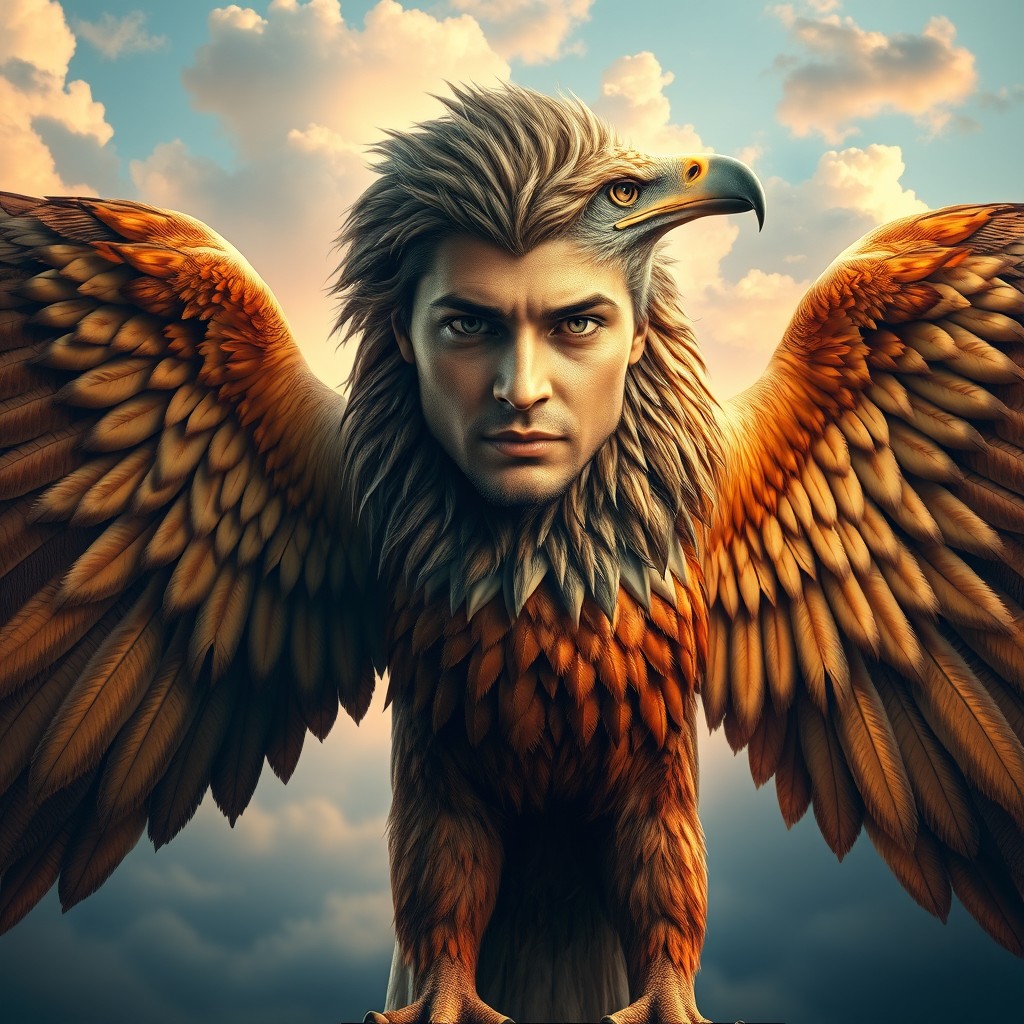 A majestic creature featuring the face of a human on one side, with intricate features and a powerful gaze