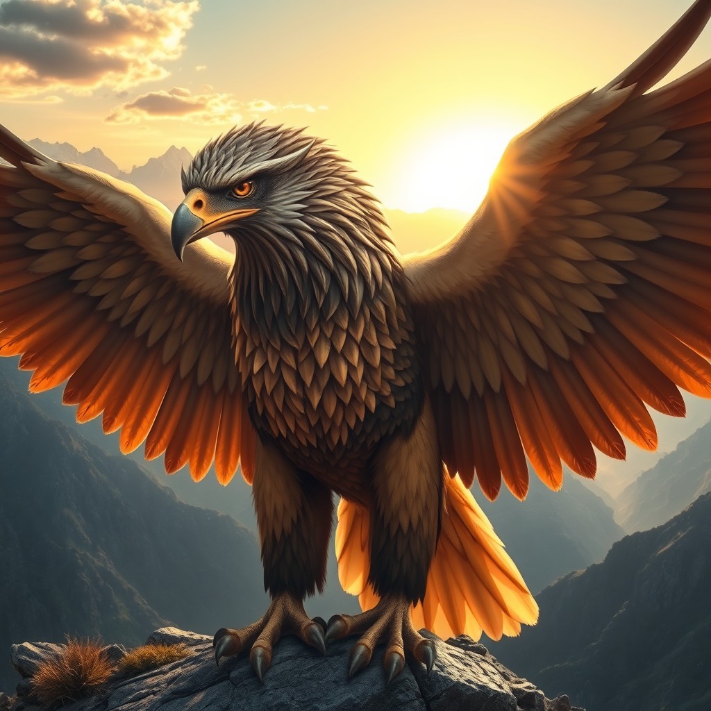 A majestic creature with a half-human face that displays serene wisdom and strength, seamlessly transitioning into a powerful eagle body
