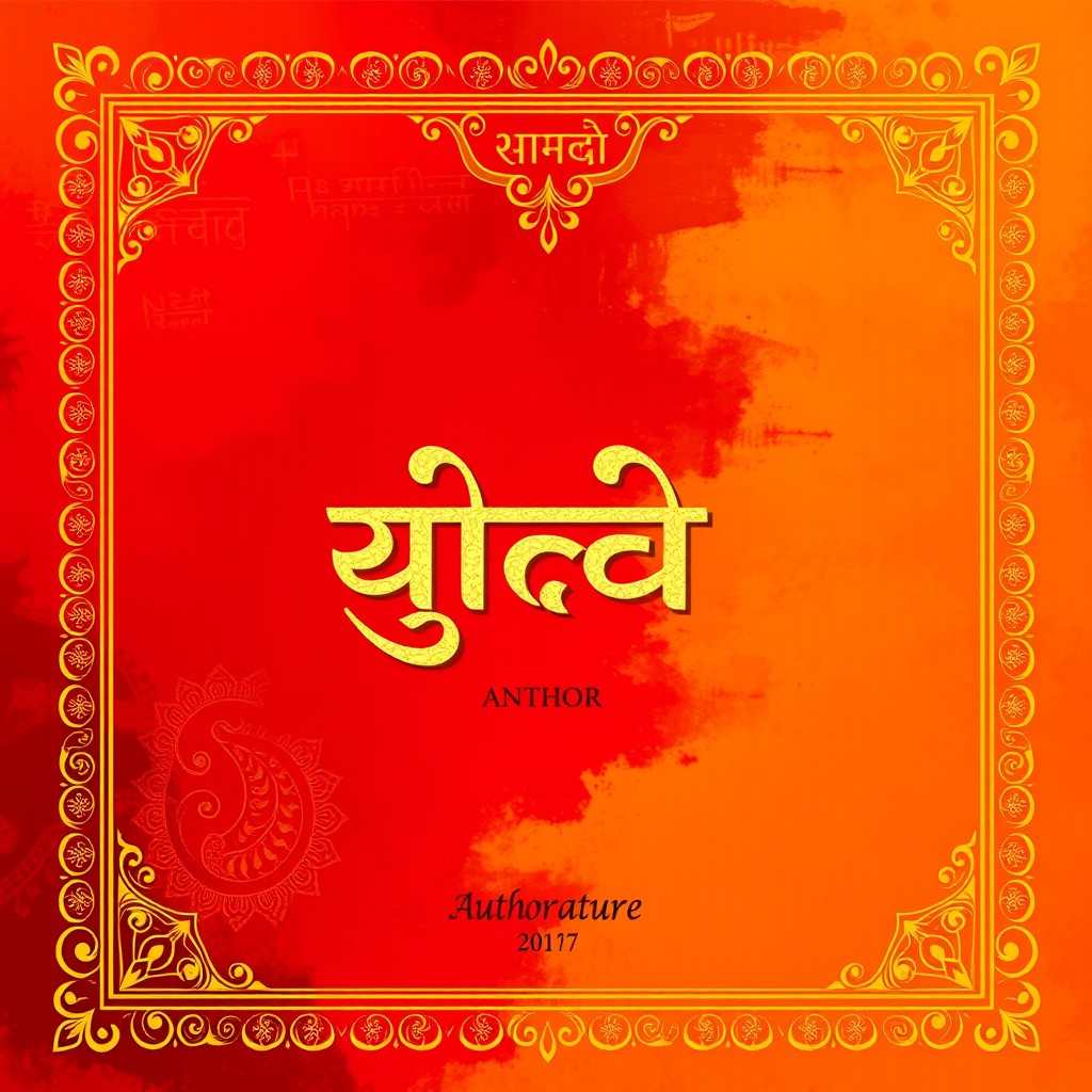 A vibrant cover page design for a Hindi literature book, featuring elegant Hindi calligraphy as the main title in gold ink