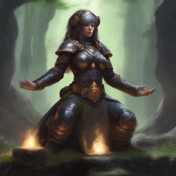 A dwarven female kineticist, armored in heavy protective gear, meditates peacefully. Around her, the potent energy of nature emanates lustrously, levitating and spinning in a mesmerizing dance.