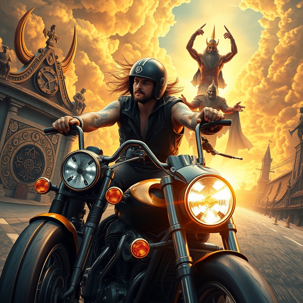 A daring and adventurous motorcyclist riding a powerful motorcycle, surrounded by a vibrant depiction of Valhalla, with majestic Viking architecture, epic clouds, and an ethereal golden light