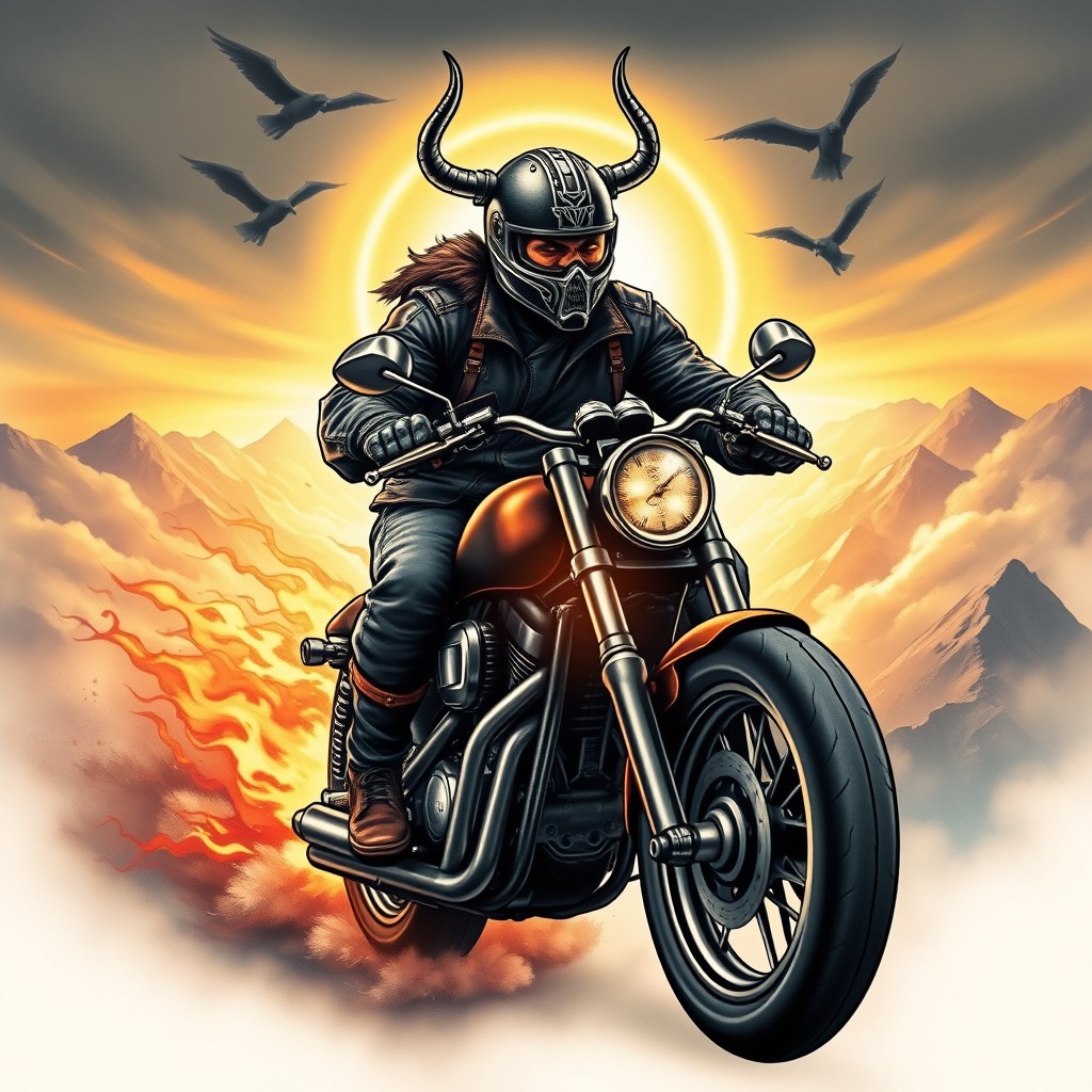 A tattoo design featuring a fierce motorcyclist with a helmet and leather jacket speeding through a mystical landscape leading to Valhalla
