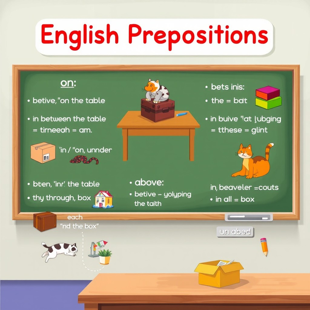 An educational illustration displaying key English prepositions in a visually engaging way