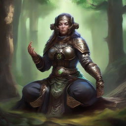 A dwarven female kineticist, armored in heavy protective gear, meditates peacefully. Around her, the potent energy of nature emanates lustrously, levitating and spinning in a mesmerizing dance.