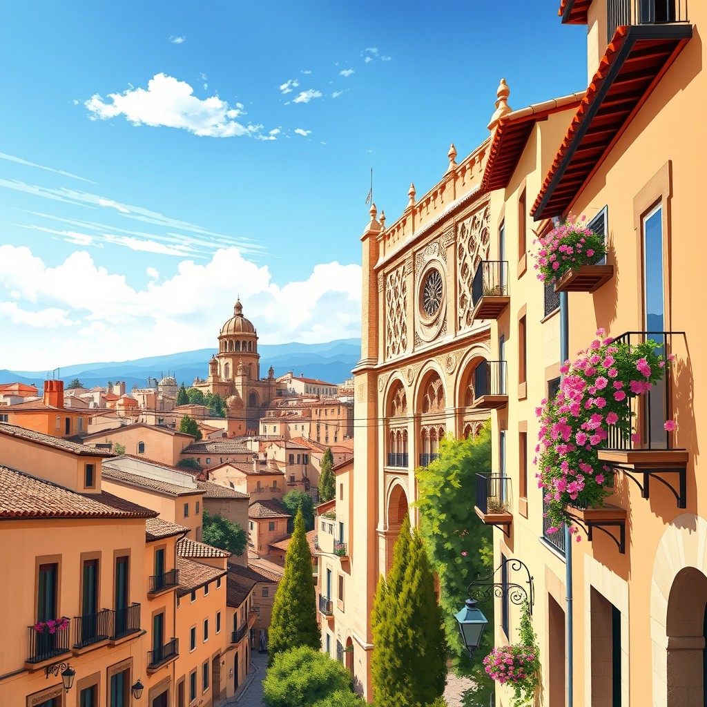 A detailed and vibrant illustration of a scenic view of the city of Córdoba, Spain, showcasing its iconic architecture such as the Mezquita Cathedral with its stunning arches and intricate Moorish designs