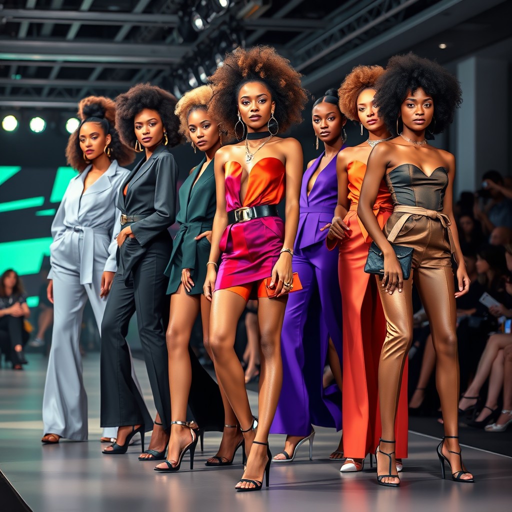 A stunning fashion runway scene featuring diverse models showcasing high-fashion outfits in a stylish and modern setting
