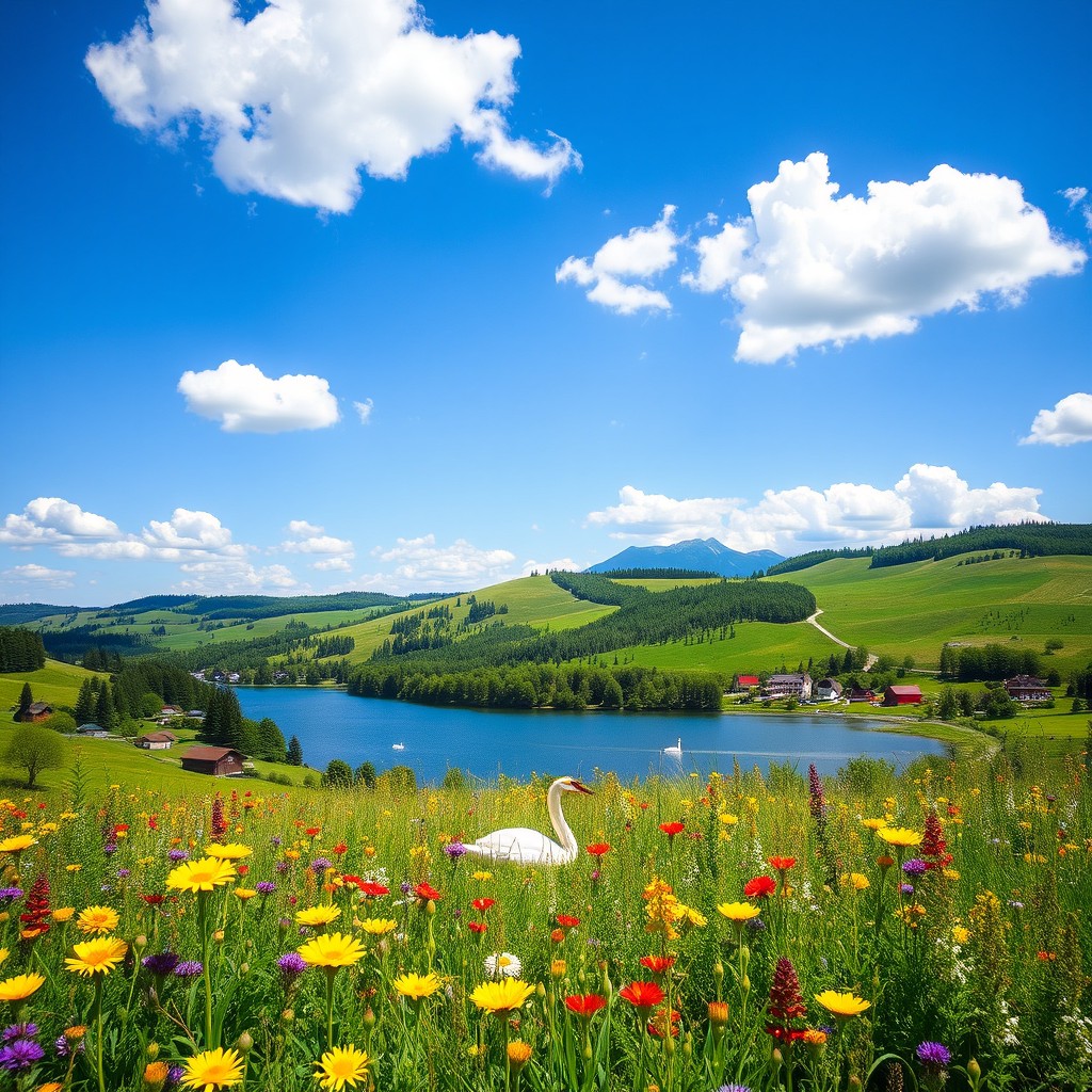 A scenic view of a traditional Polish landscape, featuring rolling hills and a serene blue lake, surrounded by lush green forests and dotted with quaint, colorful houses