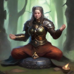 A dwarven female kineticist, armored in heavy protective gear, meditates peacefully. Around her, the potent energy of nature emanates lustrously, levitating and spinning in a mesmerizing dance.