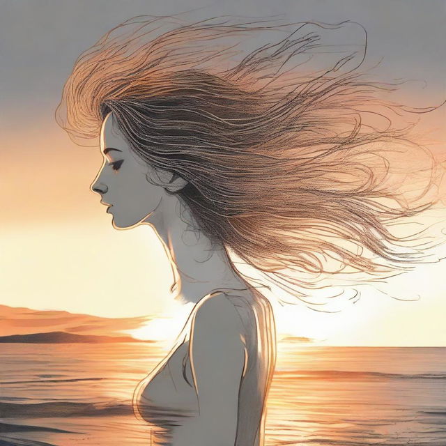 Construct a detailed drawing of a side-profile woman on a beach at sunset. Surround her with a visual effect of flaming air being swept by the wind.